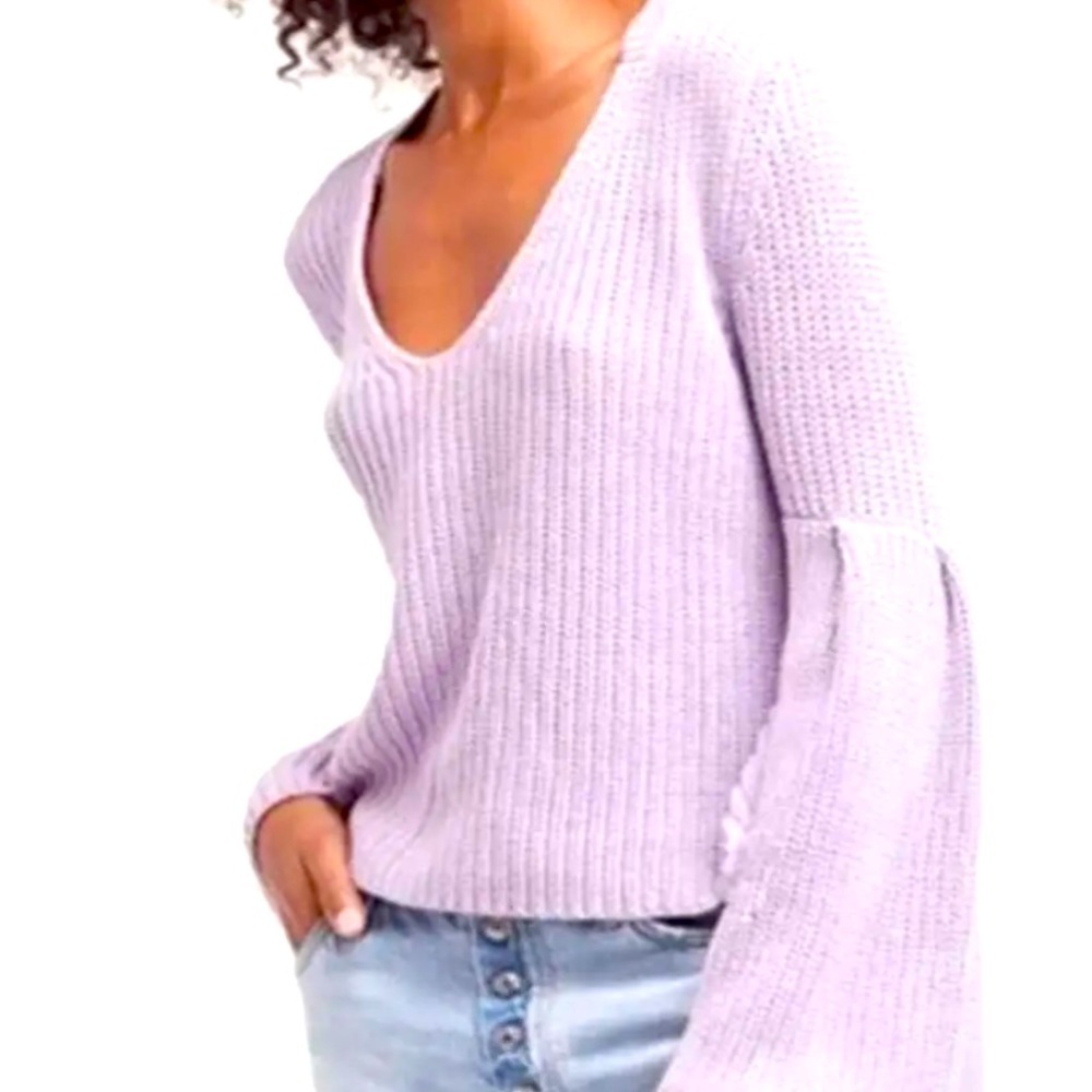 Free People Damsel Purple Bell Sleeve Pullover Sweater V Neck Women's Size S/P